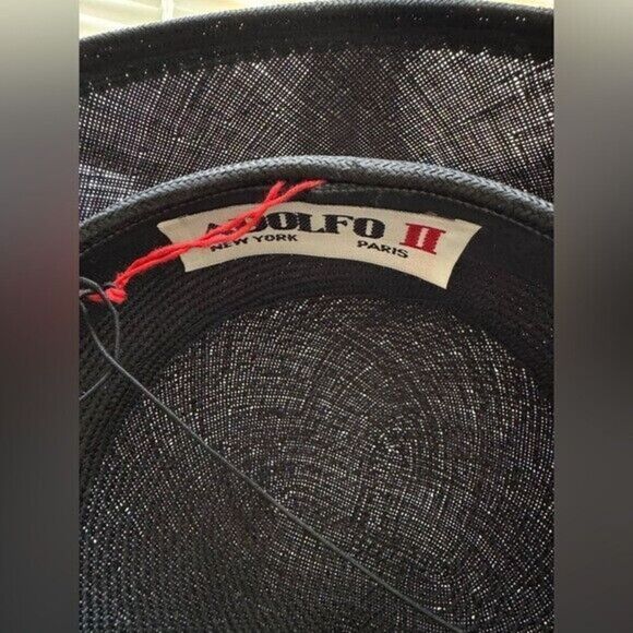 VTG NWT Adolfo II Black Straw Rhinestone Trim Hat - Picture 12 of 13